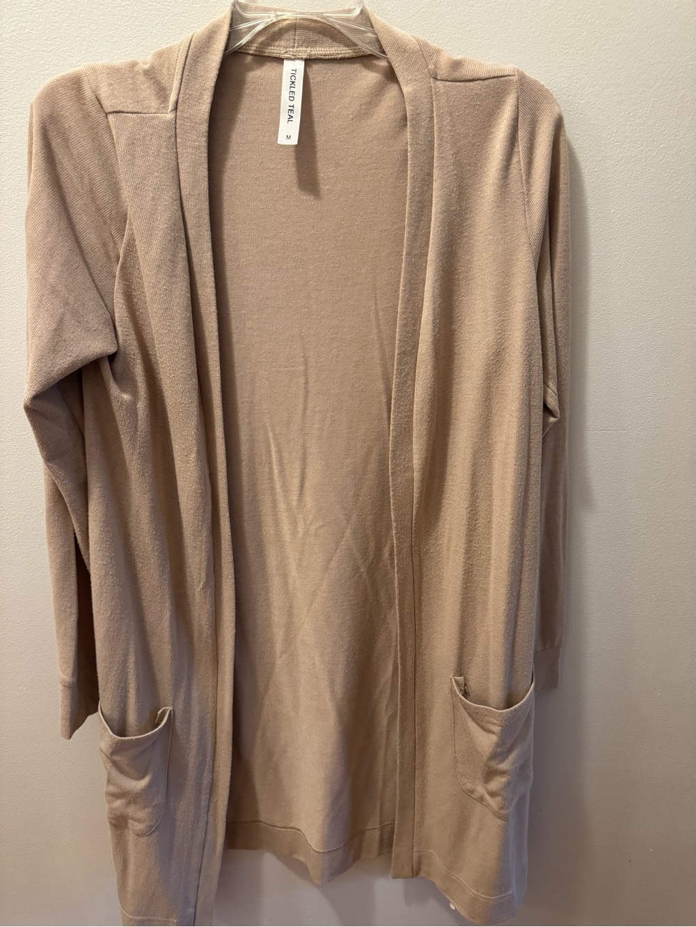 Tickled Teal Light Taupe Open Front Cardigan with Pockets Long, Sz Medium